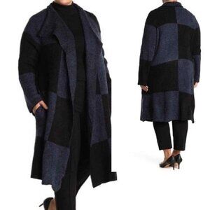 Joseph A. Buffalo Check Longline Duster Cardigan Blue Black